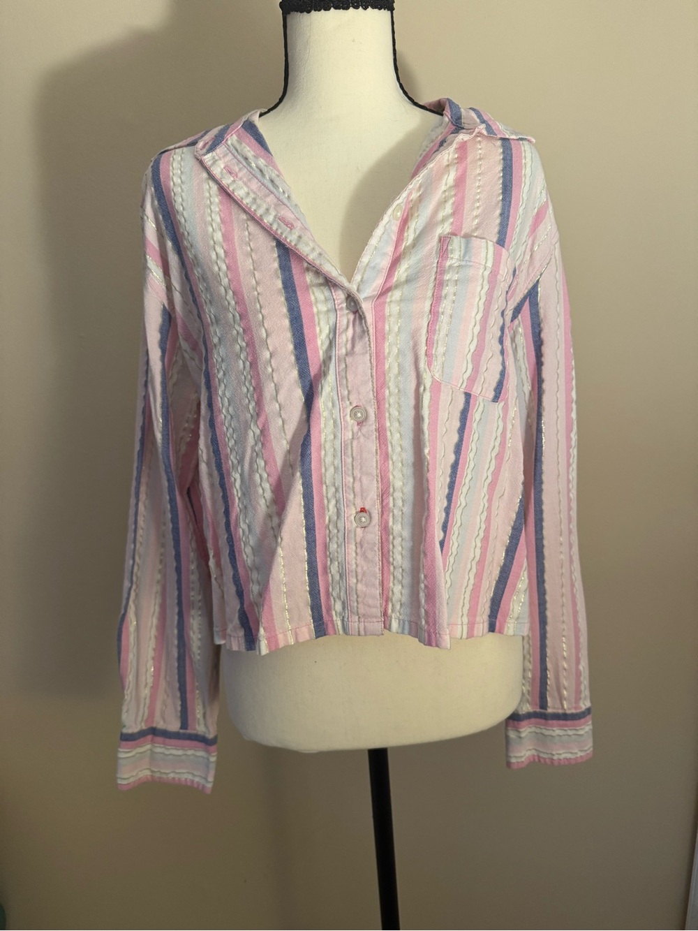 aerie Pink, White & Blue Striped Button-Down Shirt